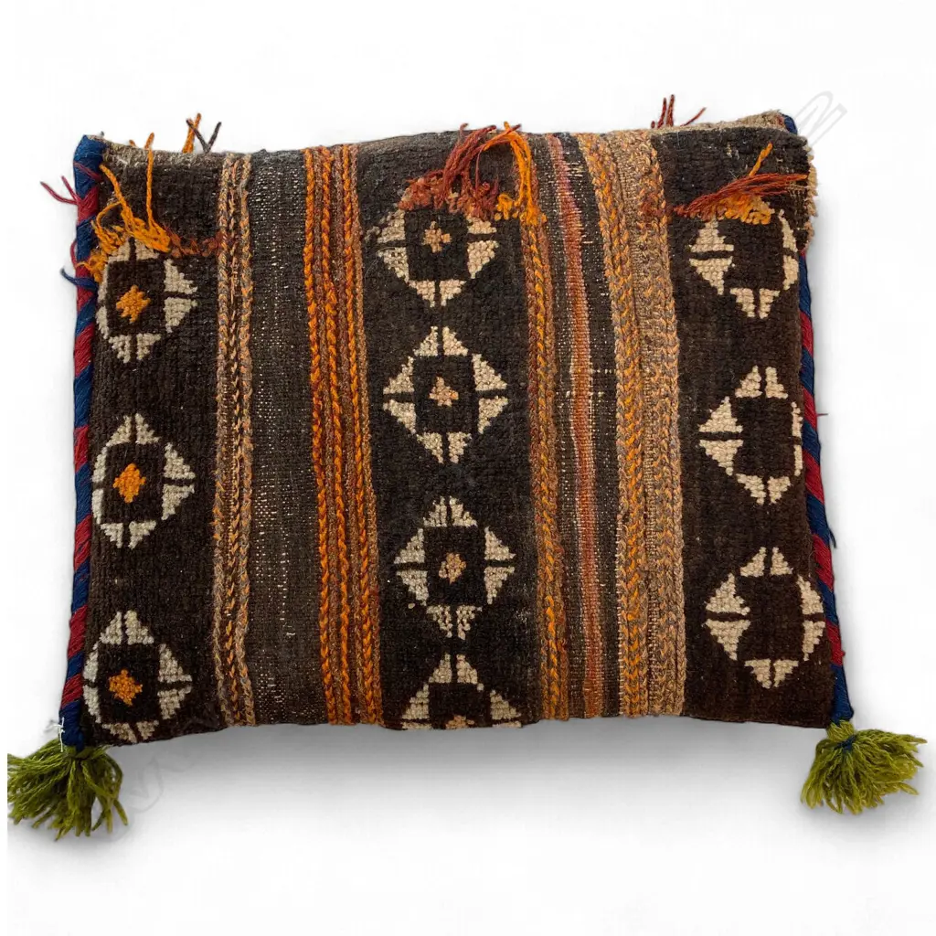 Bag (cushion) – wool, - pile/flatweave - Beluch - red/blue side braids – tasselled. 44 x 35cm Image 1++